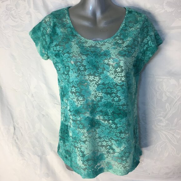 Rue 21 Fashion Lace Blouse Women's Size L Top Stylish Green Aqua Shirt Stretchy - Picture 3 of 14
